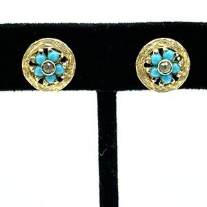 PANETTA faux turquoise rhinestone clip-on earrings - vintage round gold-tone